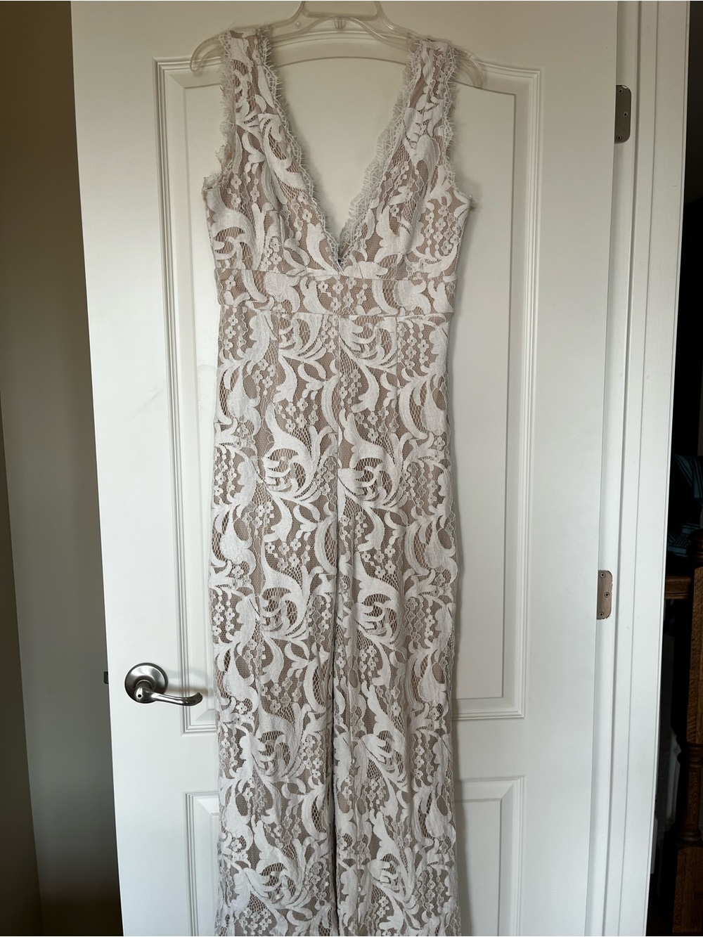 Lulus Sleeveless V-Neck Lace Maxi Jumpsuit in White and Taupe